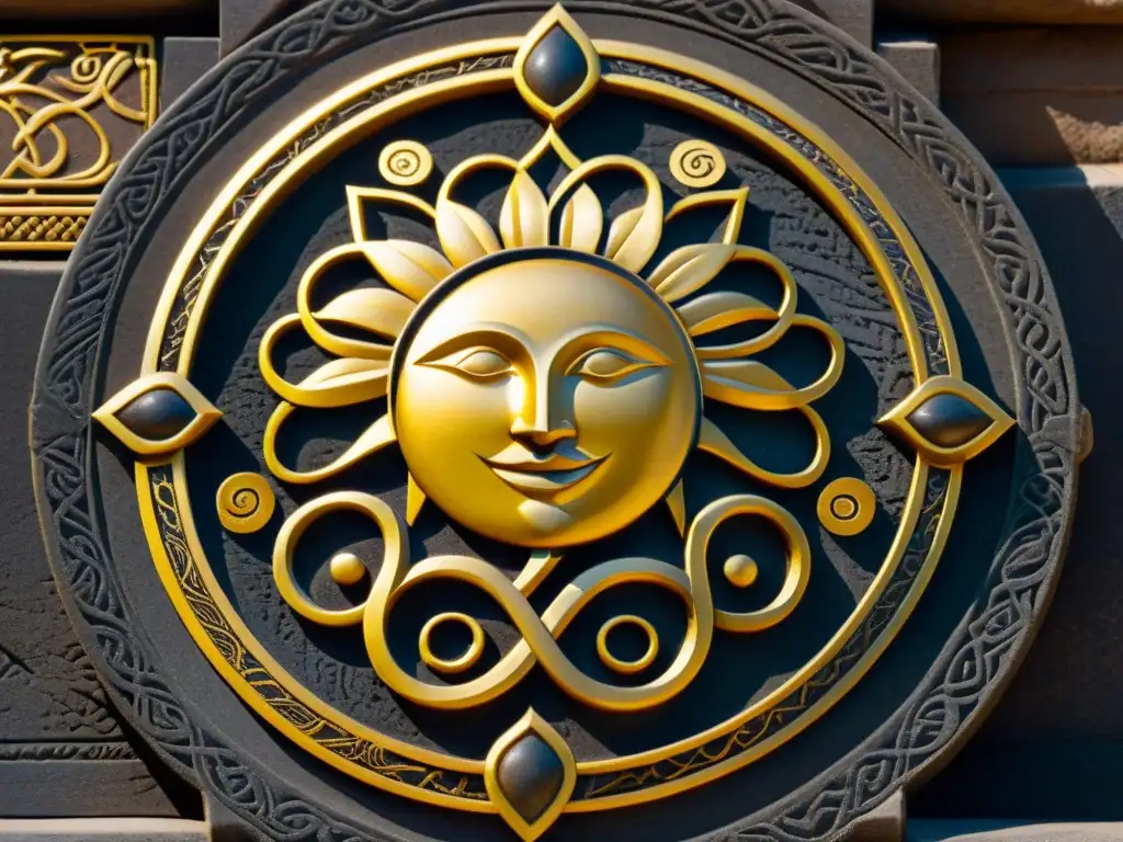 Emblema dorado: símbolos antiguos en altar de piedra Intrincado emblema dorado en altar de piedra con símbolos esotéricos, resalta historia de sociedades secretas