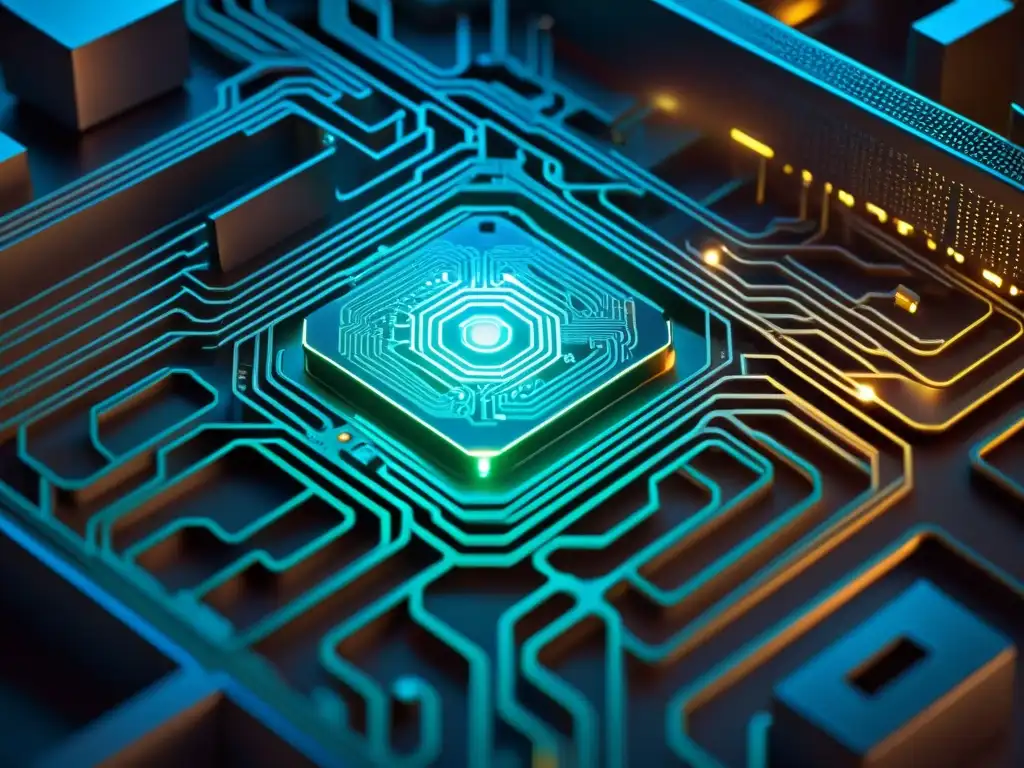 Intrincado laberinto de circuitos en placa madre de computadora, con mensajes secretos en el software moderno