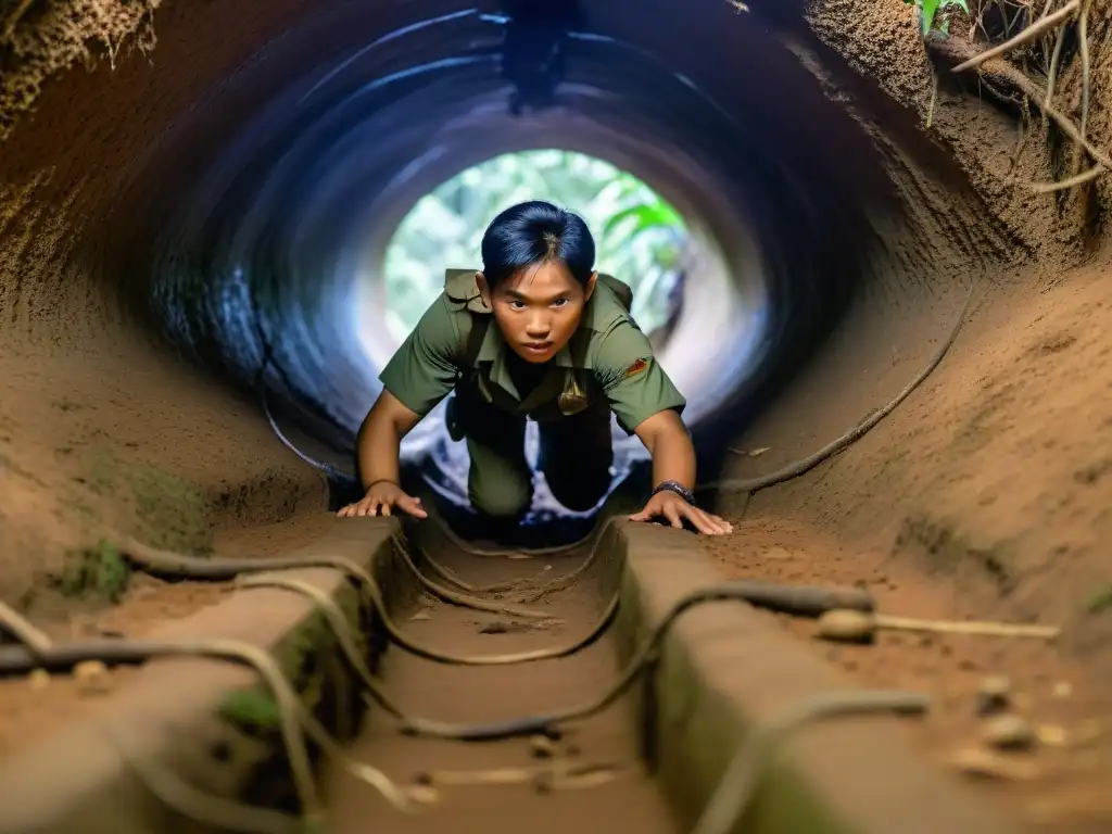 Intrincado laberinto de túneles en Cu Chi, Vietnam, con soldados en camuflaje