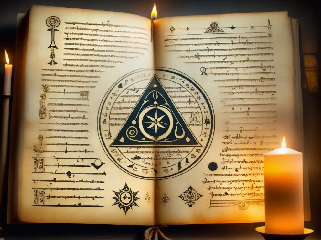 Intrincado manuscrito antiguo iluminado por una suave luz de vela en una habitación tenue, con figuras históricas del Rosacrucianismo