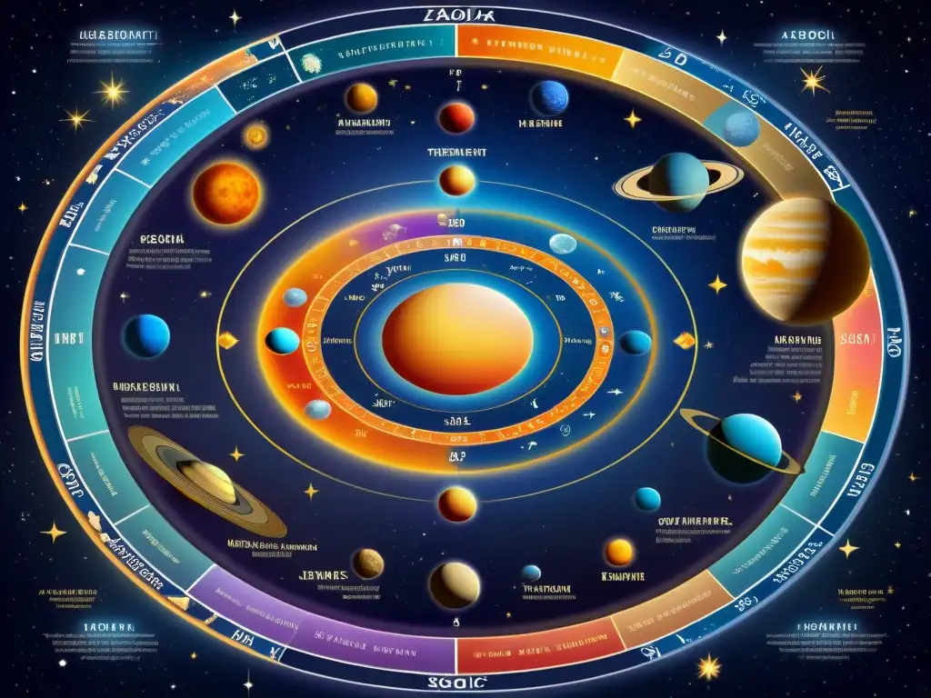 Intrincado mapa celeste ilustrando la alineación de planetas y signos zodiacales, con influencia en aspectos astrológicos vida profesional