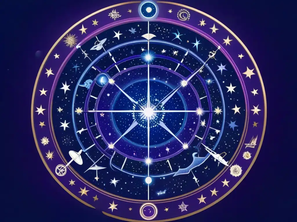 Intrincado mapa celestial con signos zodiacales entrelazados en constelaciones, sobre un cielo estrellado en tonos azules y morados