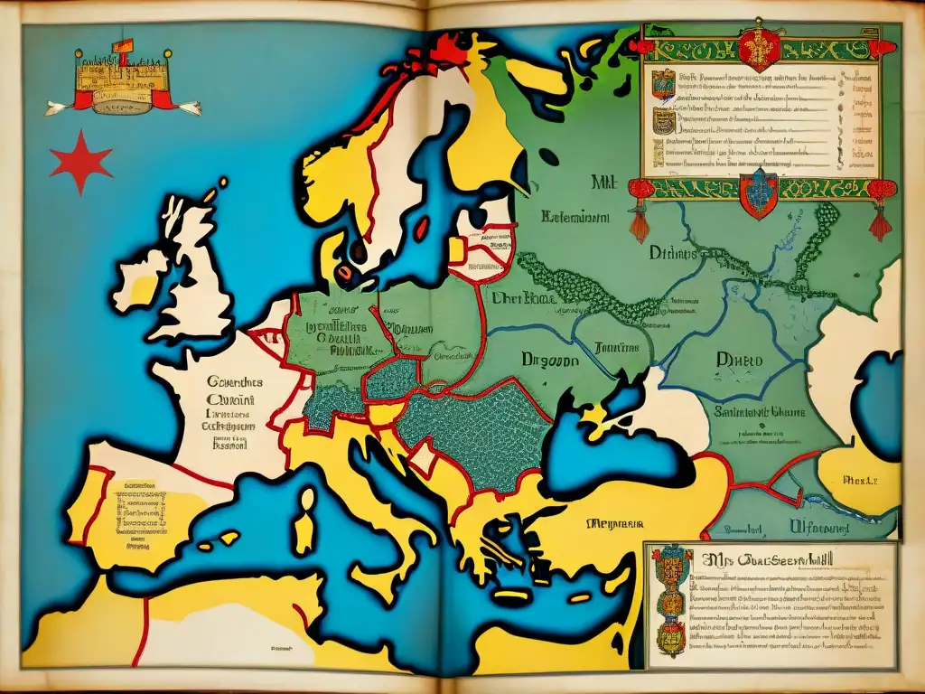 Intrincado mapa medieval mostrando la influencia de la Orden del Dragón en Europa, con ciudades clave y rutas comerciales