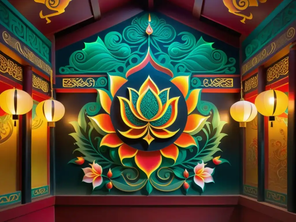 Intrincado mural en templo iluminado, mostrando símbolos de sociedades secretas asiáticas reveladas en colores vibrantes y detallados