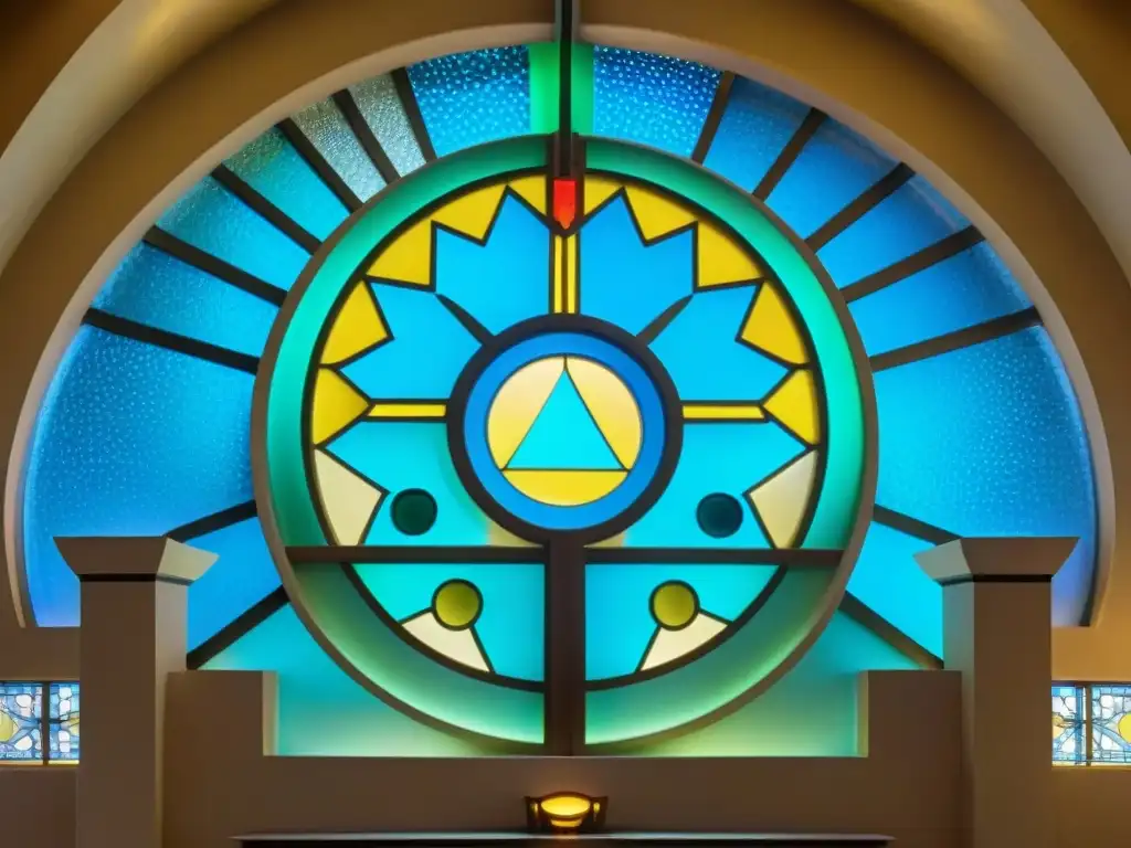 Intrincado mural en el Templo de Damanhur fusionando símbolos antiguos con tecnología futurista, iluminado por luz natural