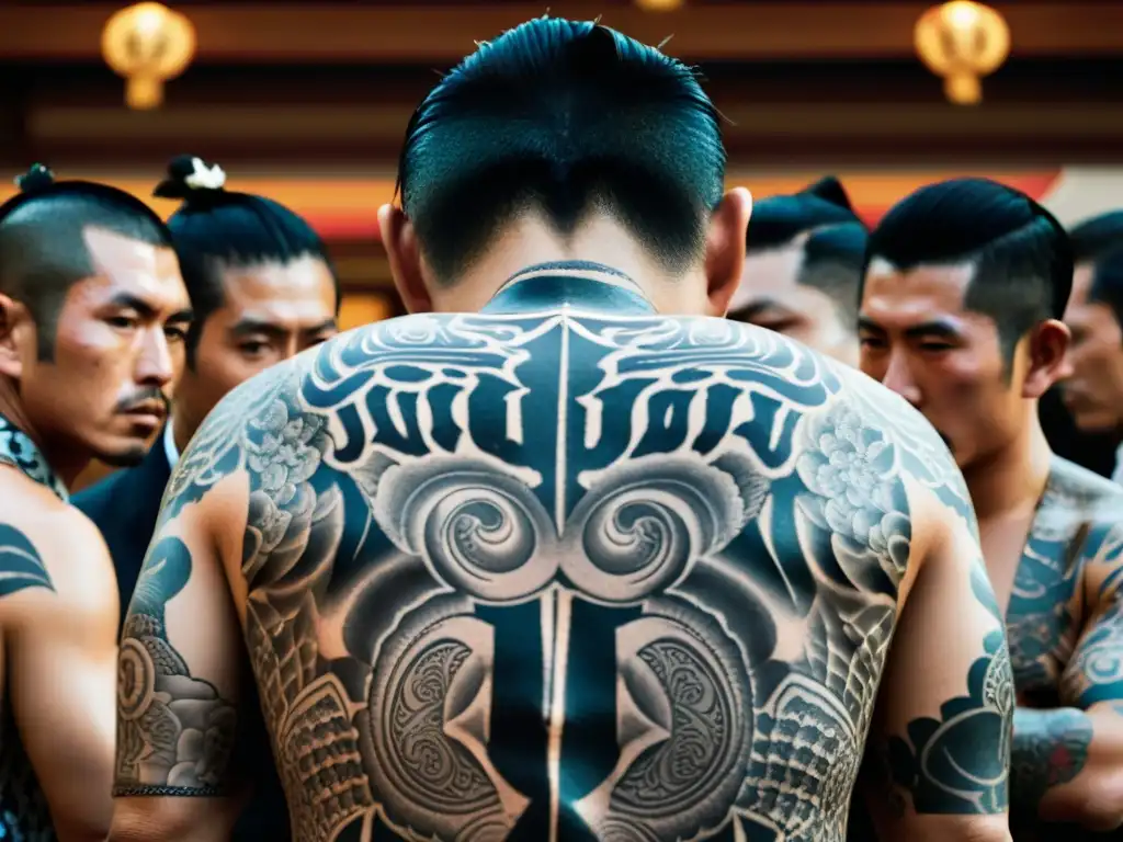 Intrincado ritual de iniciación de sociedades secretas japonesas, con Yakuza en ceremonia tradicional y tatuajes