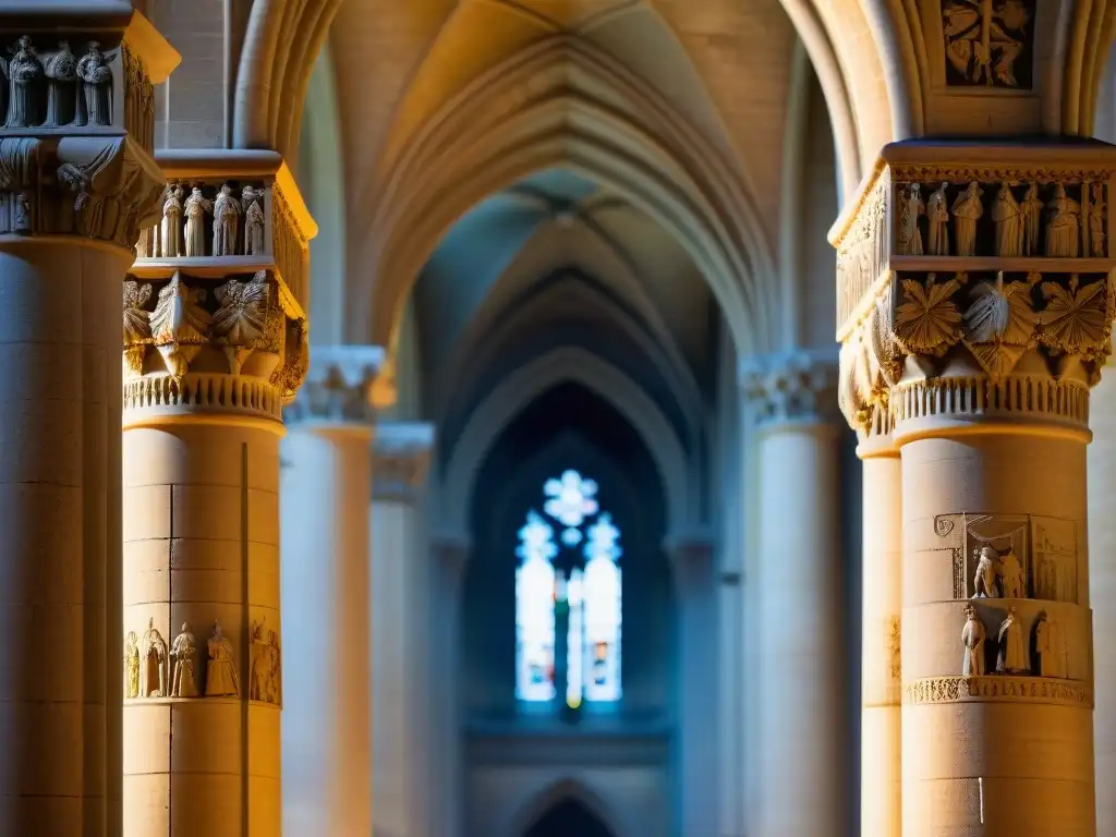 Intrincado simbolismo oculto en las columnas de la Catedral Notre Dame, resaltado por luces y sombras