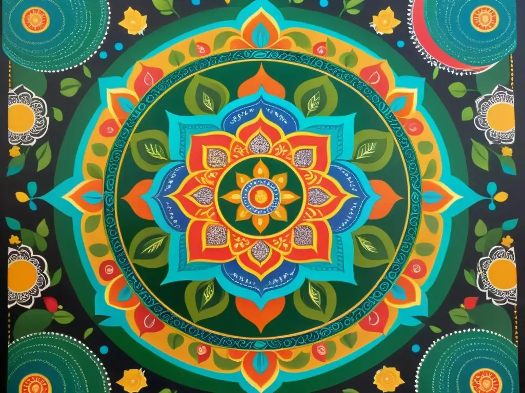 Intrincado mandala con símbolos de las Upanishads, pintado a mano en vibrantes colores en un lienzo grande