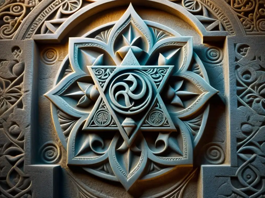 Misterioso símbolo Rosacruz tallado en piedra con glow etéreo Intrincado símbolo Rosacruz tallado en una pared de piedra, iluminado por un resplandor etéreo