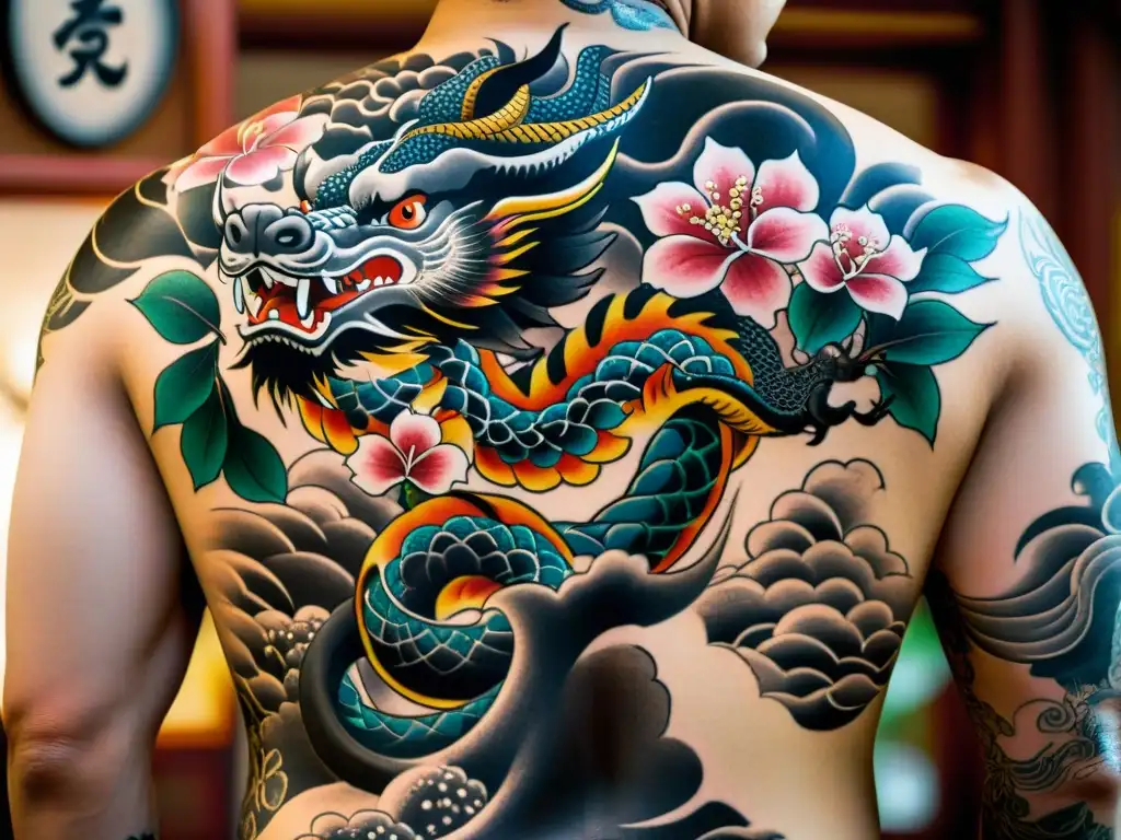 Intrincado tatuaje de Yakuza con dragones y flores de cerezo