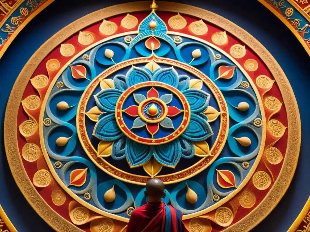 intrincado mandala tibetano de arena en colores vibrantes, rodeado de figuras en túnicas en una atmósfera de misterio y contemplación