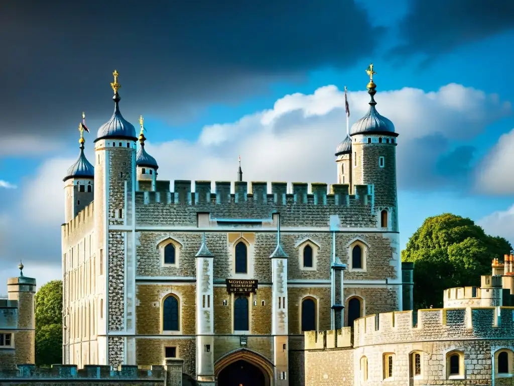 Intrincados detalles arquitectónicos de la Torre de Londres bajo un cielo dramático