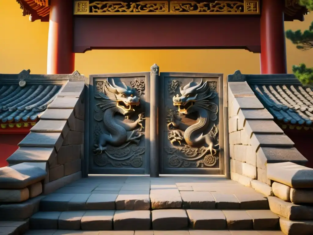 Intrincados grabados de dragones y guerreros en la antigua entrada de Shaolin, bañados en luz dorada al atardecer