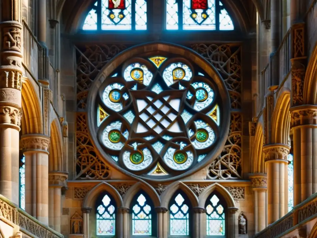 Intrincados grabados en Rosslyn Chapel, símbolos templarios entrelazados con nudos celtas bajo luz filtrada, atmósfera enigmática