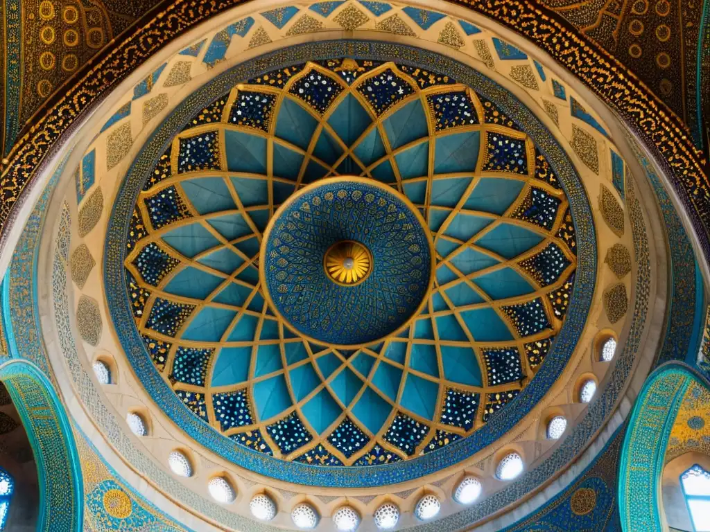 Intrincados patrones geométricos en la cúpula de la Mezquita Azul de Estambul, Turquía, reflejando misterios arquitectura islámica geometría sagrada