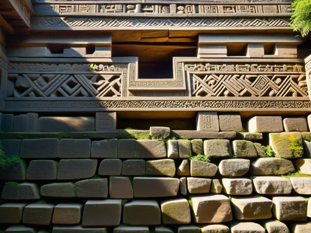 Intrincados patrones geométricos tallados en las paredes de un antiguo templo, revelando la precisión y complejidad de la arquitectura