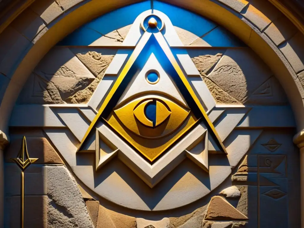 Intrincados símbolos masónicos esculpidos en una antigua pared de piedra iluminados por un rayo de sol