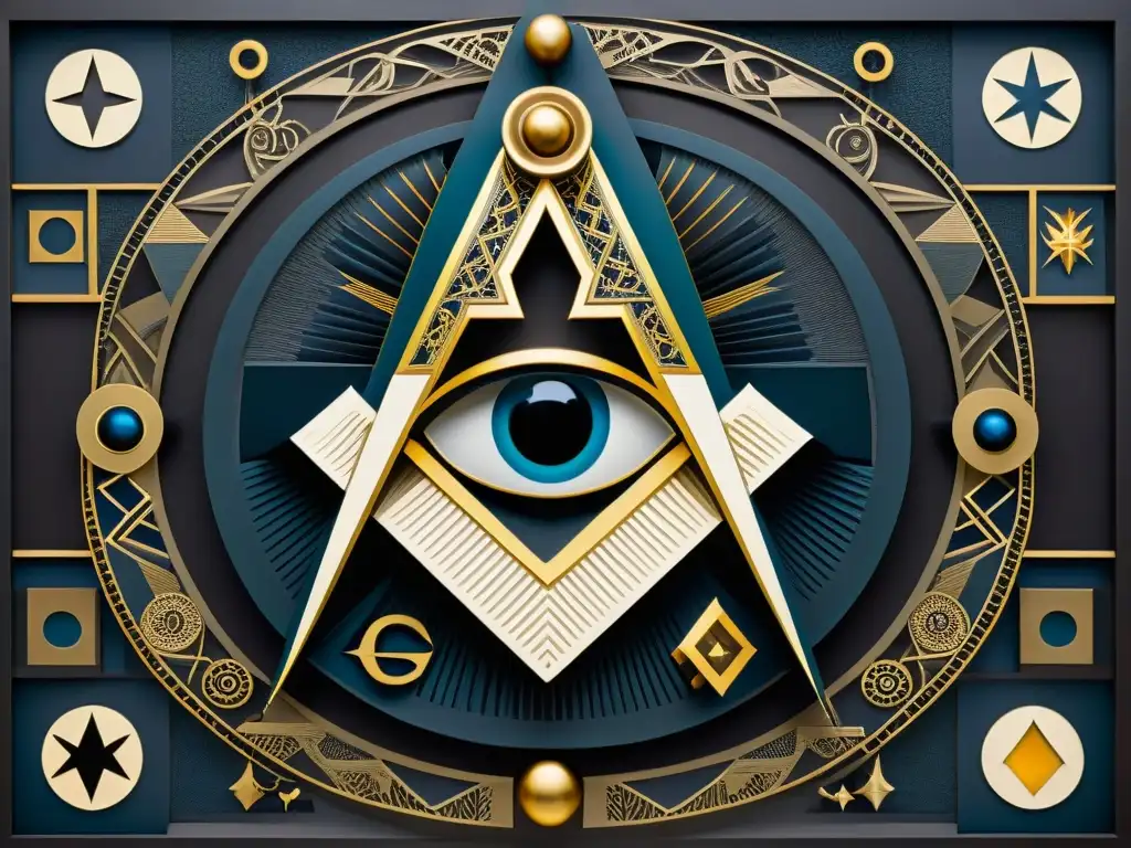 Intrincados símbolos masónicos se entrelazan en una obra de arte moderno, en una paleta misteriosa