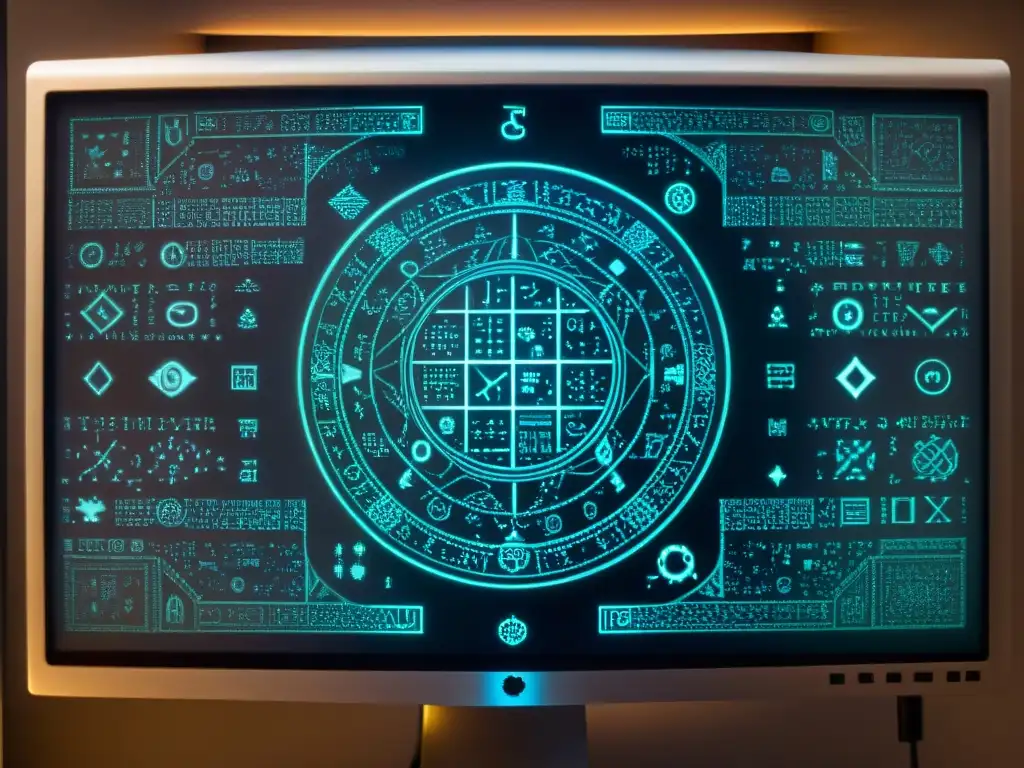 Intrincados símbolos y runas antiguas en pantalla de computadora, iluminando la habitación en penumbra