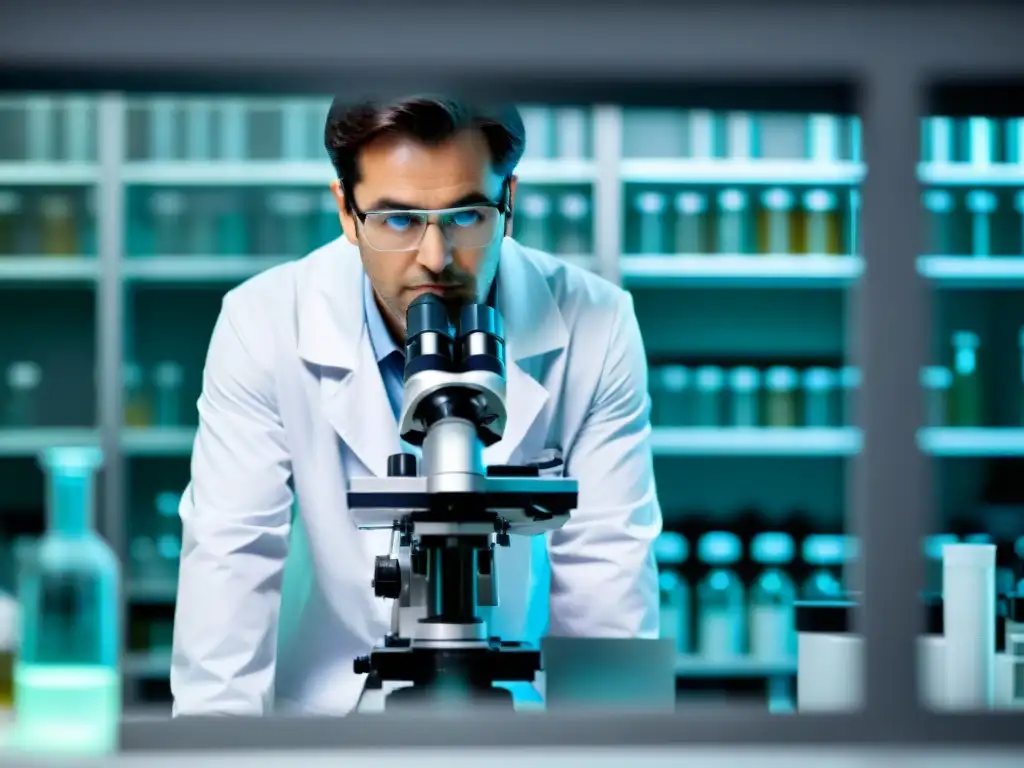 Investigador en bata blanca mirando al microscopio en laboratorio estéril