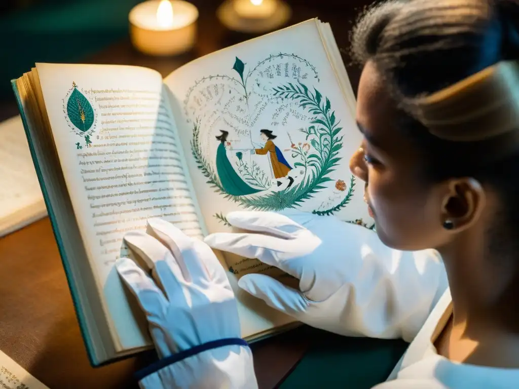 Exploración detallada del Manuscrito Voynich por un investigador Investigador examina el Manuscrito Voynich con detenimiento, en una habitación tenue y misteriosa