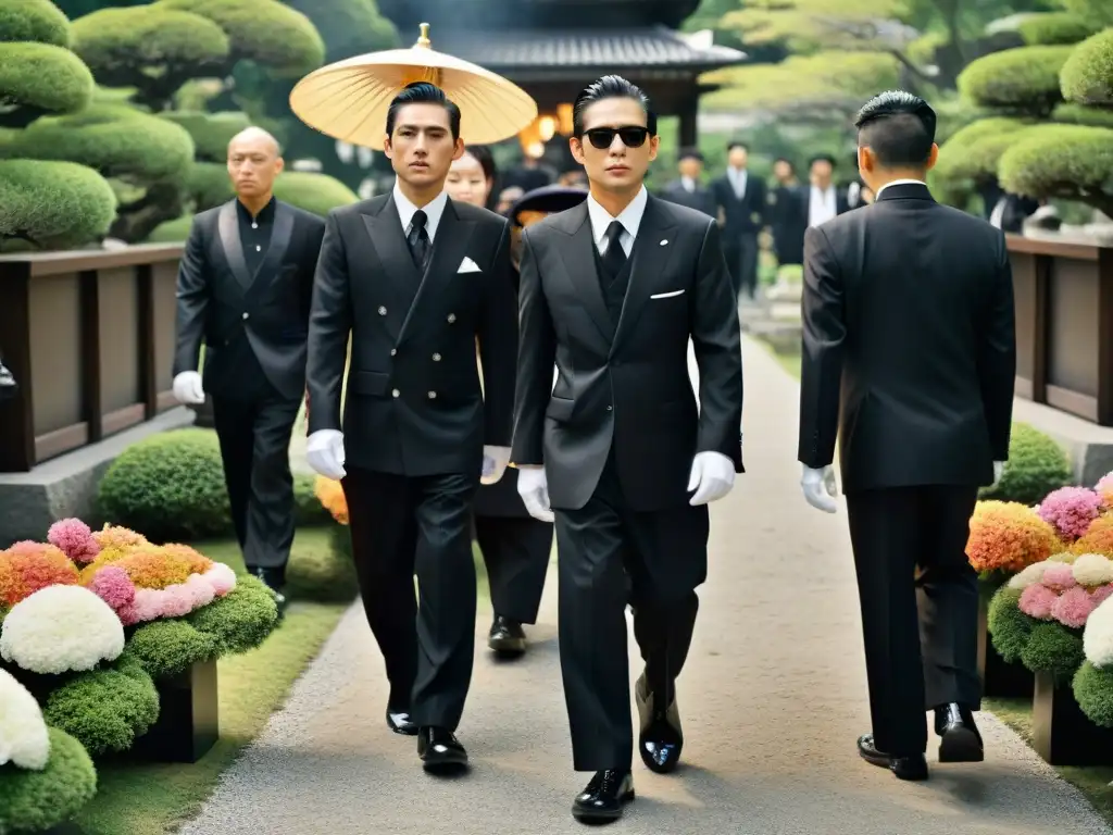 En un jardín japonés, miembros de Yakuza realizan rituales funerarios en una ceremonia solemne