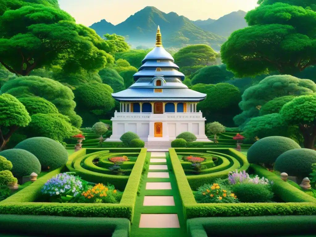 Jardín sereno con símbolos Rosacruces y aura mística Un jardín sereno con un antiguo templo adornado de símbolos Rosacruces, irradia sabiduría y armonía