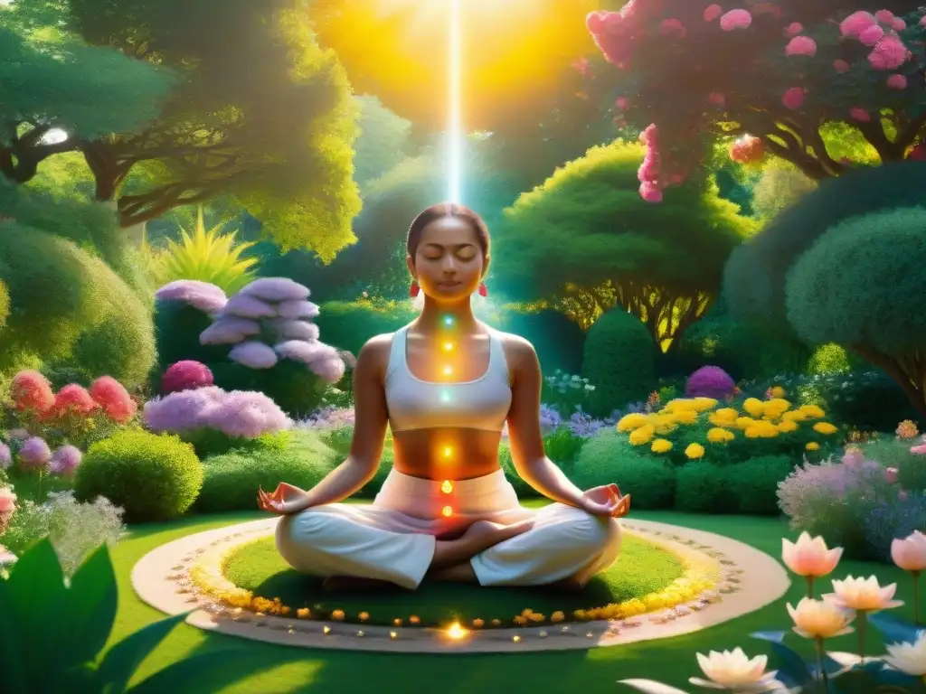 Un jardín sereno con una figura meditando rodeada de energía, reflejando la alineación de chakras según enseñanzas rosacruces