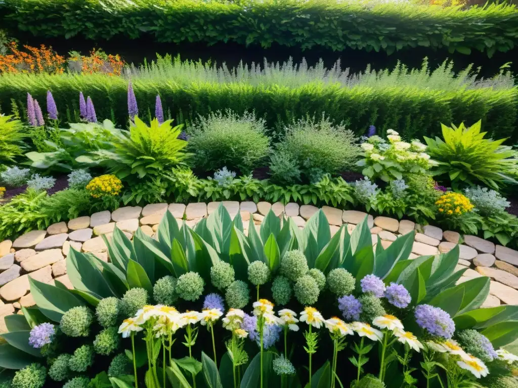 Un jardín sereno de hierbas medicinales rosacruces, con senderos de piedra y plantas vibrantes