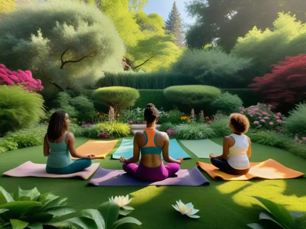 Un jardín sereno donde diversas personas meditan en alfombras de meditación divinas, rodeadas de naturaleza y paz