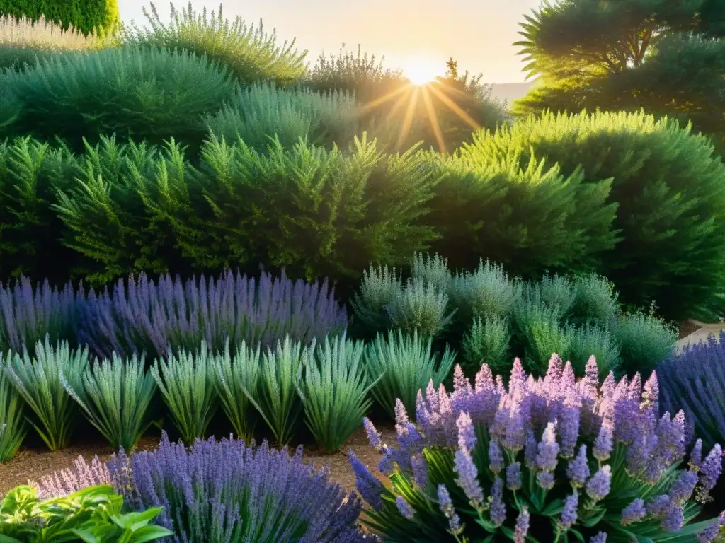 Un jardín soleado lleno de hierbas mágicas vibrantes como lavanda, romero y salvia, con propiedades etiquetadas