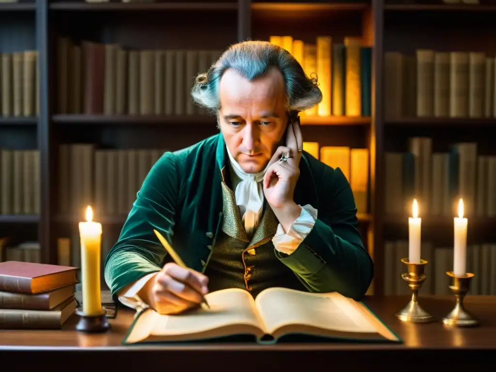 Johann Wolfgang von Goethe rodeado de figuras misteriosas en una biblioteca iluminada por velas, listo para escribir