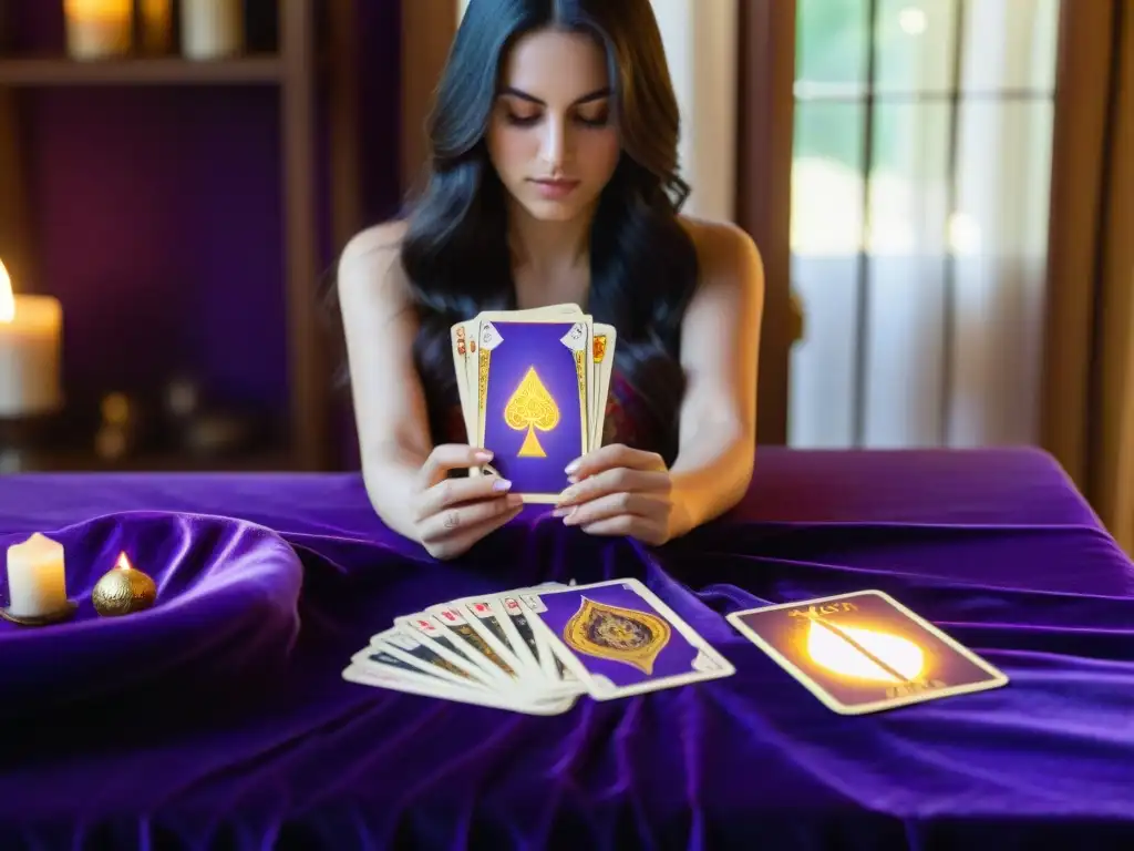 Una joven en un ambiente místico, rodeada de cartas del tarot como herramienta de crecimiento personal