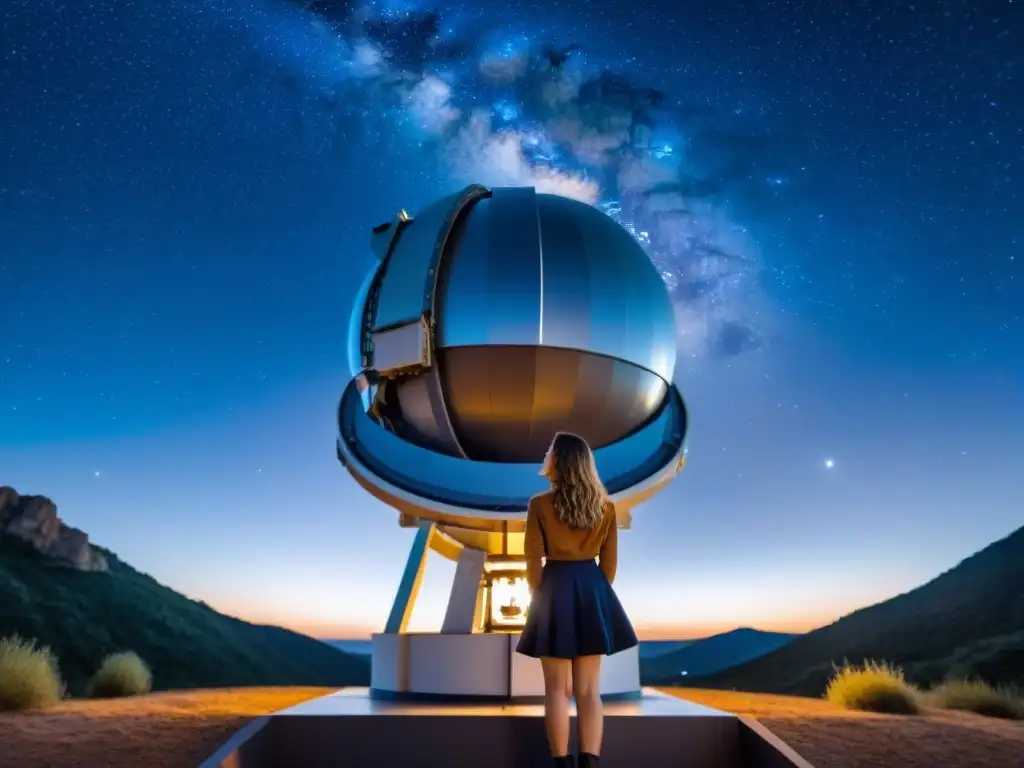 Una joven observa el cosmos en un observatorio, conectando la astrología con la educación