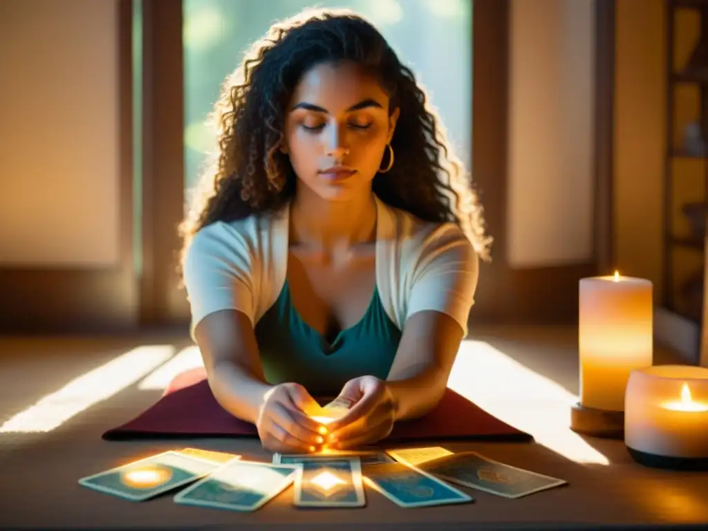 Una joven mujer hispana en un cuarto tranquilo rodeada de cartas de tarot, tocando una carta de equilibrio