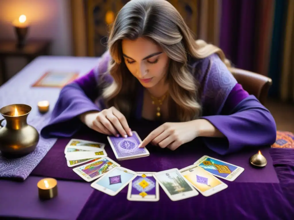 Una joven serena usando el tarot como herramienta de crecimiento personal, rodeada de cartas y libros espirituales en un ambiente acogedor