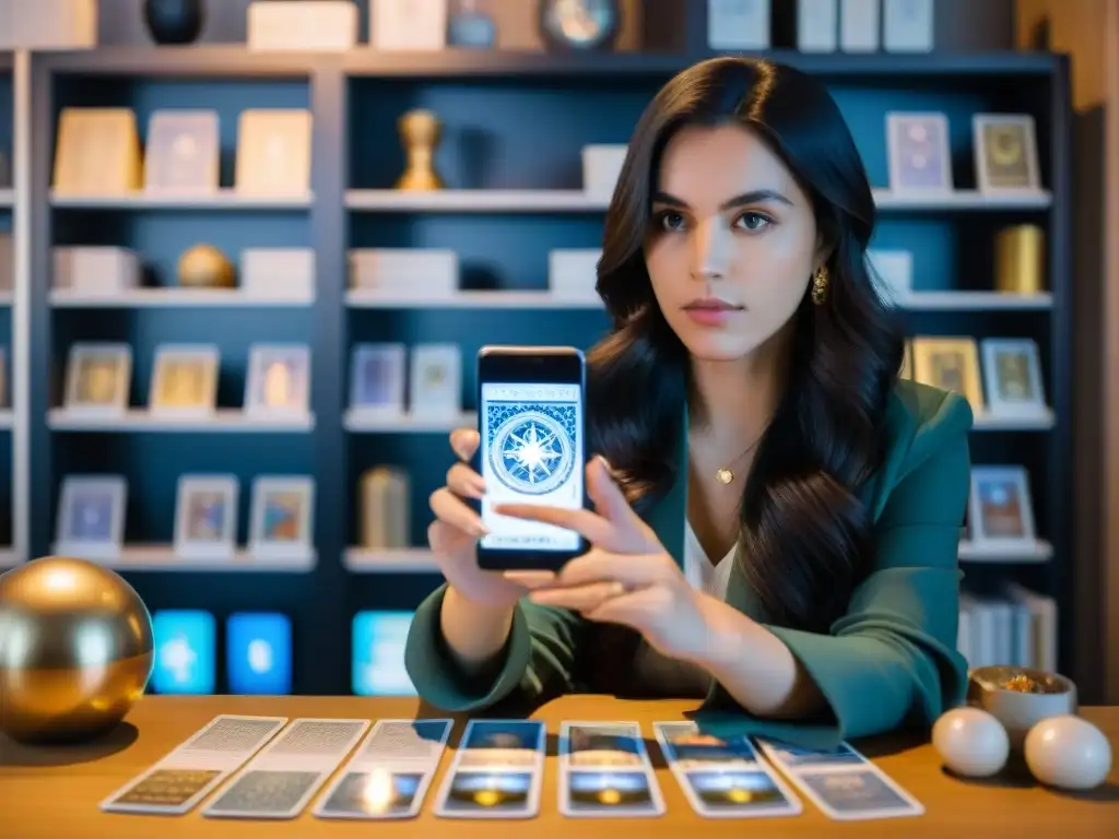 Una joven consultando un tarot interactivo en su computadora, rodeada de elementos esotéricos