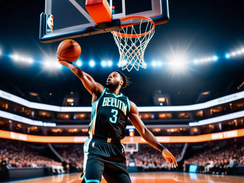 Un jugador de baloncesto en pleno vuelo, realizando un mate asombroso con símbolos Illuminati en su camiseta