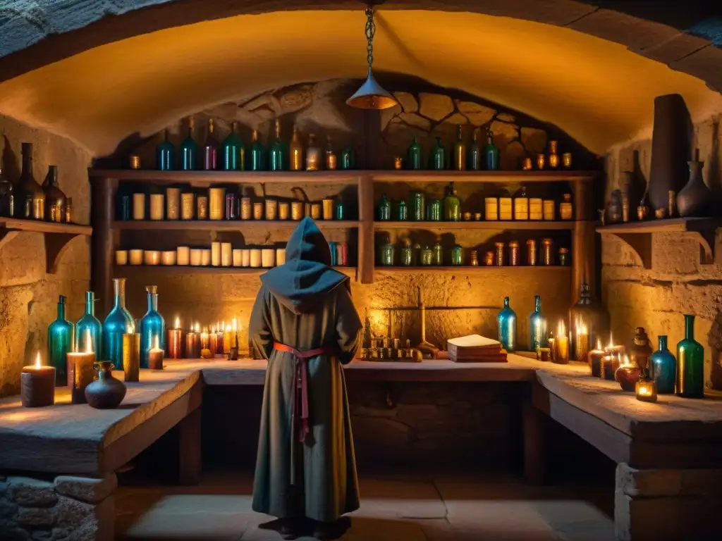 Un laboratorio alquímico medieval con libros antiguos, botellas de colores y símbolos alquímicos en las paredes de piedra