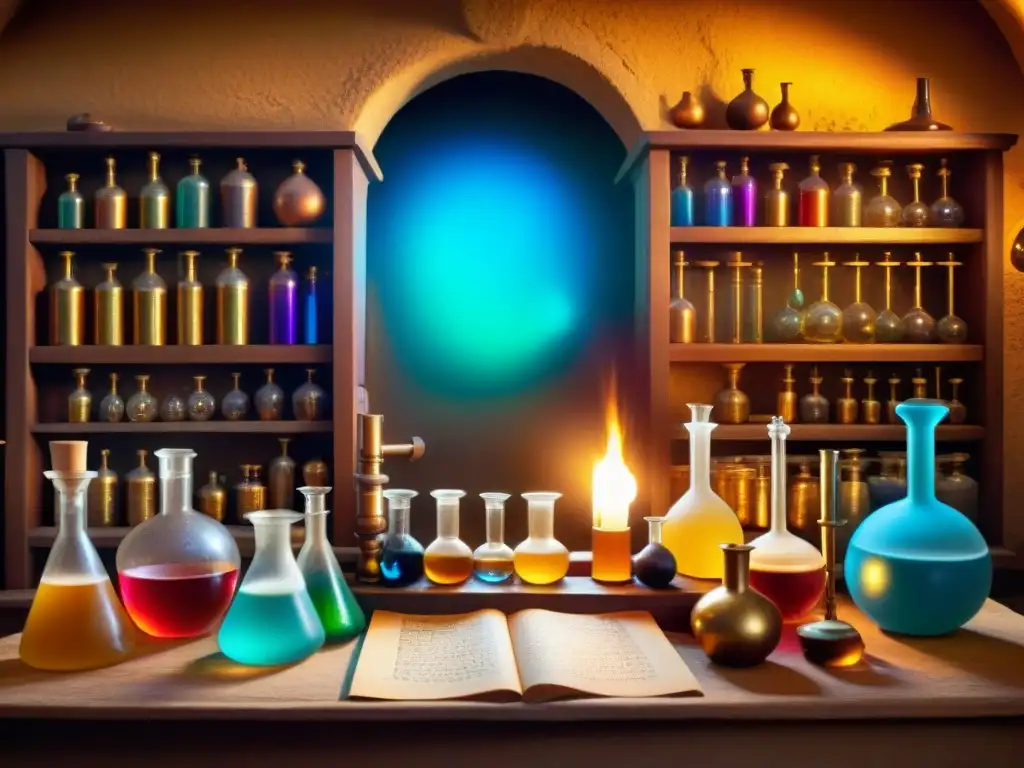 En el laboratorio del alquimista, secretos, cartas cifradas y transmutación se entrelazan en una misteriosa escena ilustrada con luces doradas