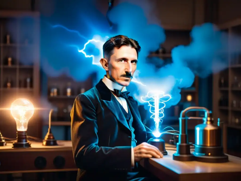 Nikola Tesla en su laboratorio con inventos secretos prohibidos, rodeado de equipo eléctrico, iluminado por una bobina de Tesla en azul hipnótico