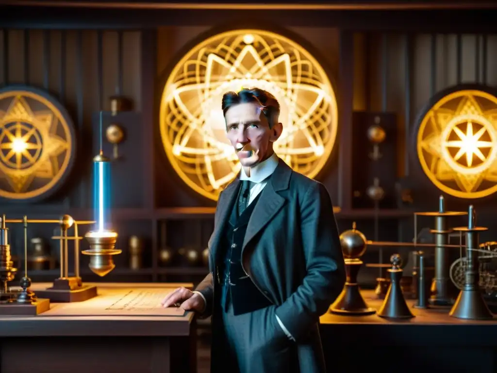 Nikola Tesla colaborando en su laboratorio con la misteriosa conexión Illuminati