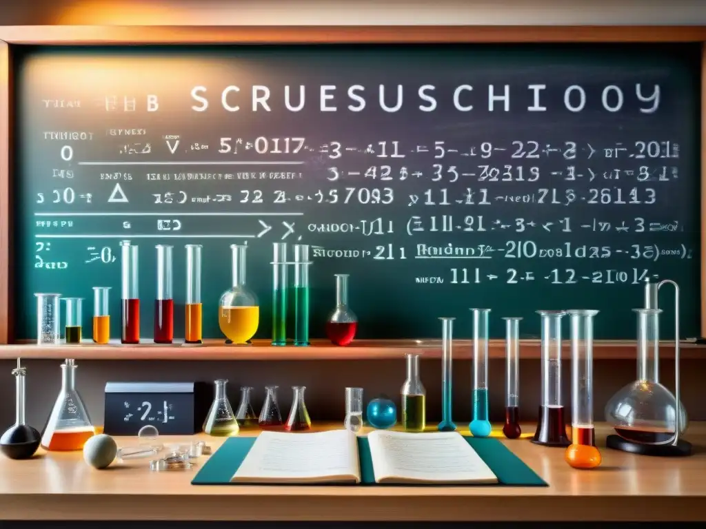 Un laboratorio misterioso con equipos científicos vintage, tubos de ensayo coloridos y una pizarra llena de ecuaciones y diagramas