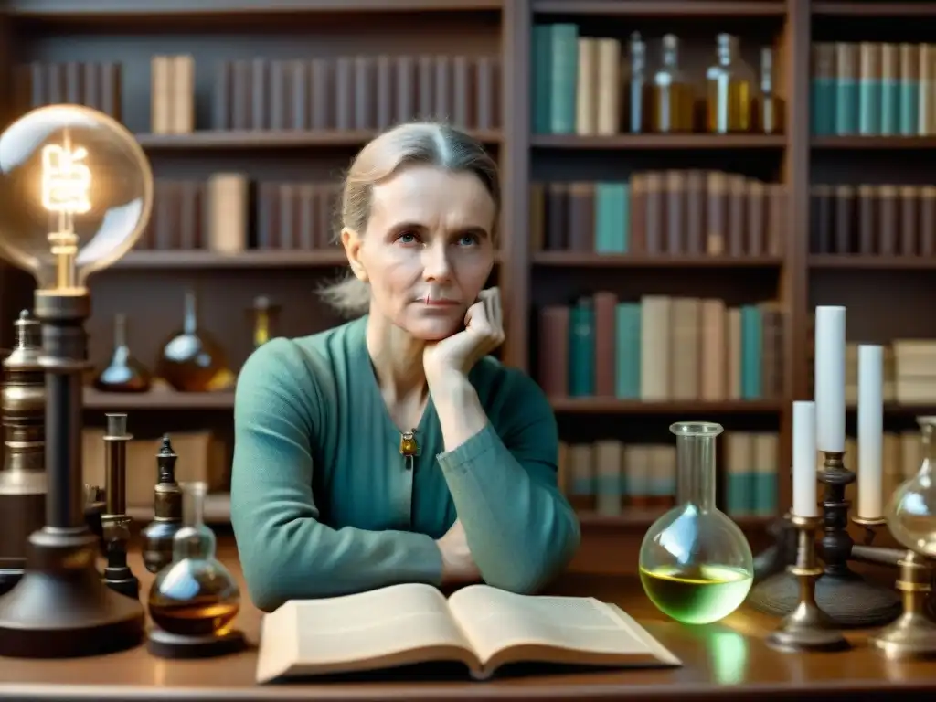 Marie Curie en su laboratorio rodeada de equipo científico y libros, con un brillo etéreo, representando la unión entre ciencia y creencias esotéricas