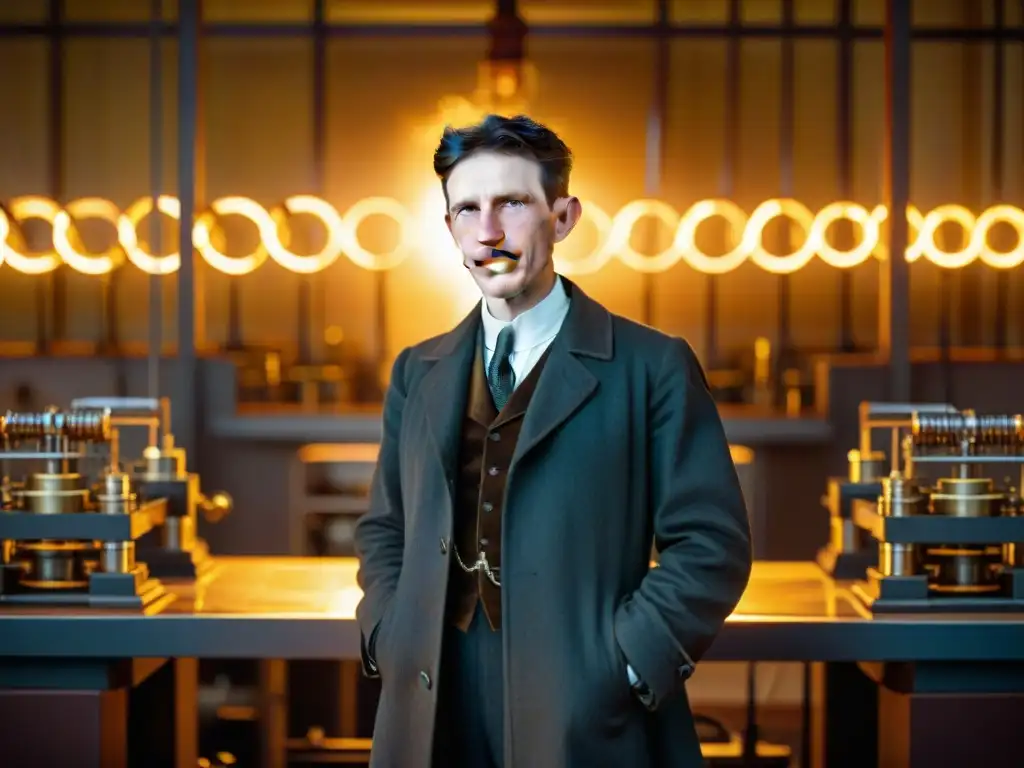 Nikola Tesla en su laboratorio rodeado de energía y maquinaria, reflejando su espíritu pionero