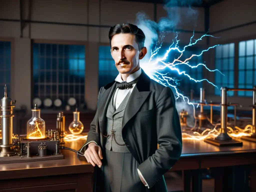 Nikola Tesla en su laboratorio, rodeado de equipo eléctrico, realizando experimentos prohibidos