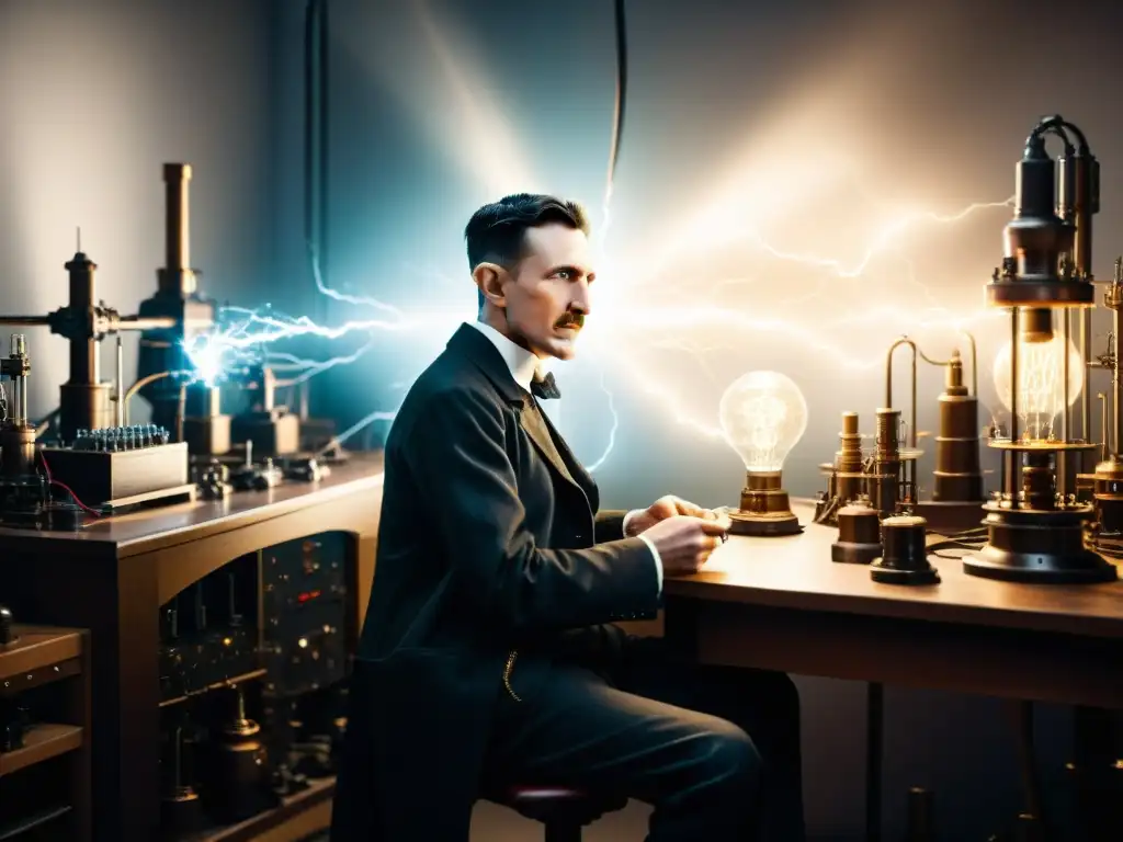 Nikola Tesla en su laboratorio, rodeado de inventos secretos prohibidos, iluminado por relámpagos de electricidad