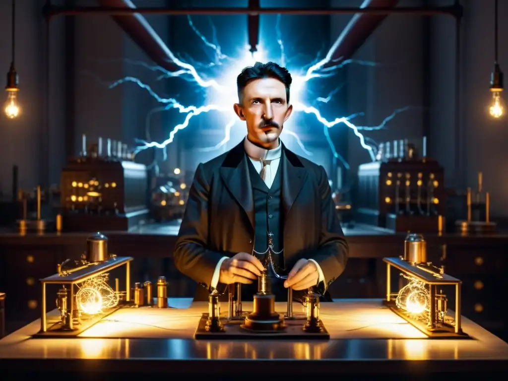 Nikola Tesla en su laboratorio, rodeado de relámpagos, enfoque intenso en sus experimentos prohibidos