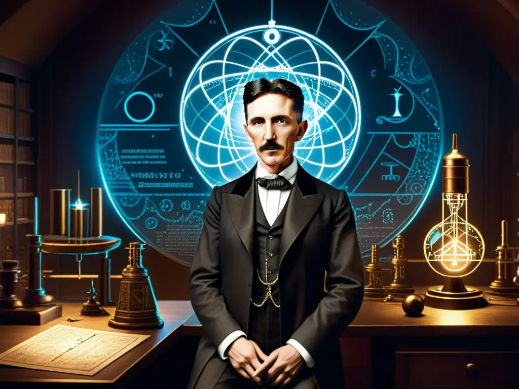 Nikola Tesla en su laboratorio rodeado de símbolos, inventando en un ambiente misterioso con la influencia de los Illuminati