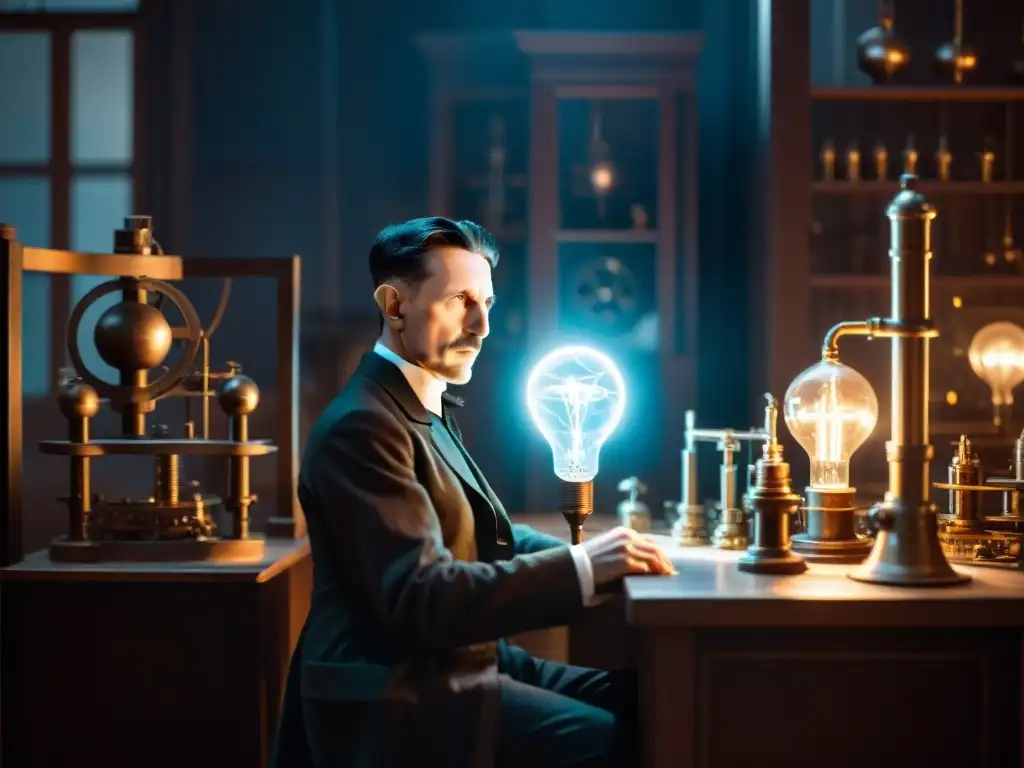 Nikola Tesla en su laboratorio, rodeado de símbolos y maquinaria, con figuras misteriosas observándolo